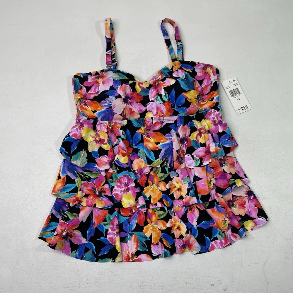 Leilani Tankini Swim Top Womens Size 10 Black Tropical Floral Ruffle